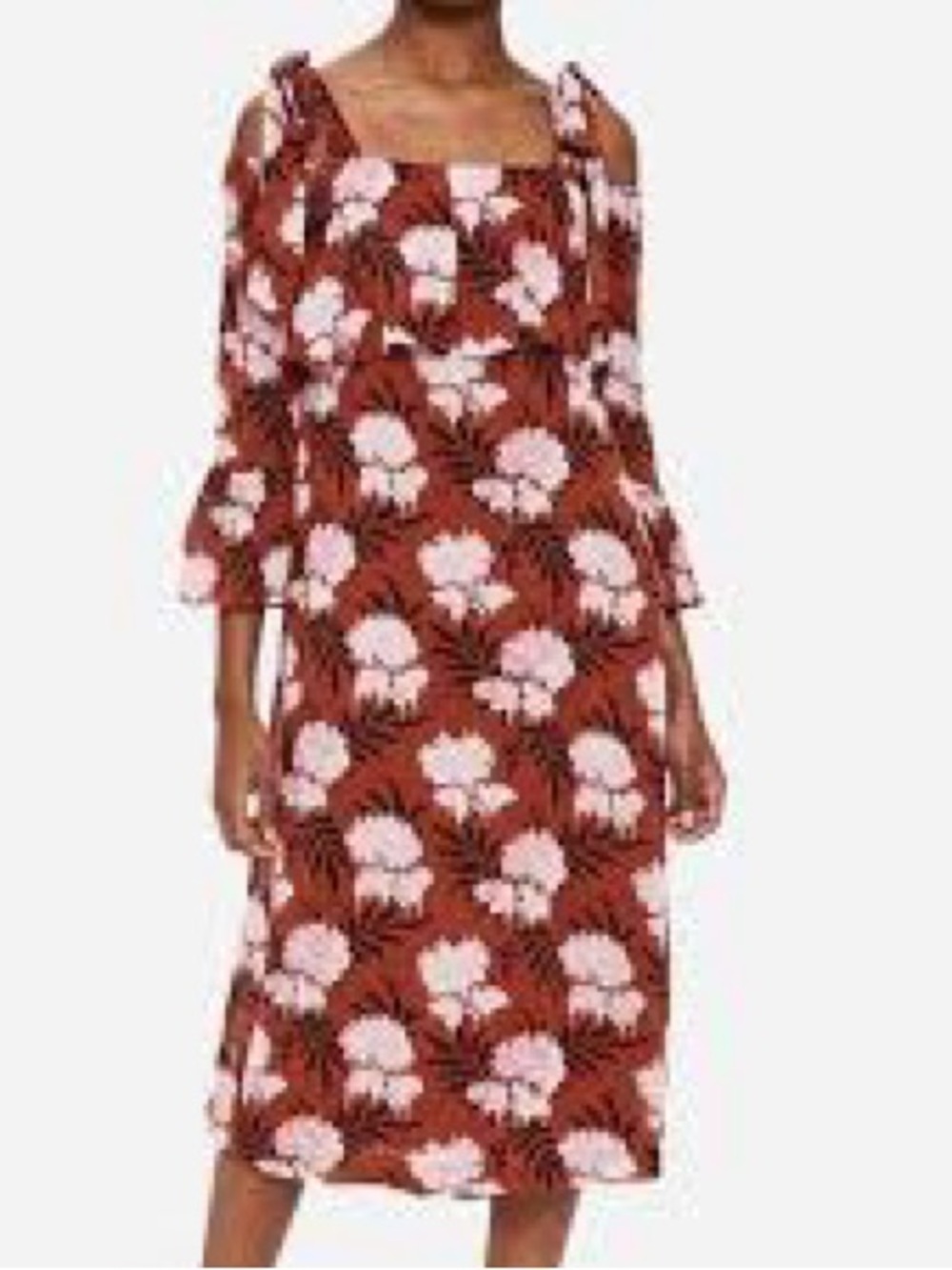 Ganni Floral Midi Dress Tie Shoulder Square Neck Ruffle Hem Size 12